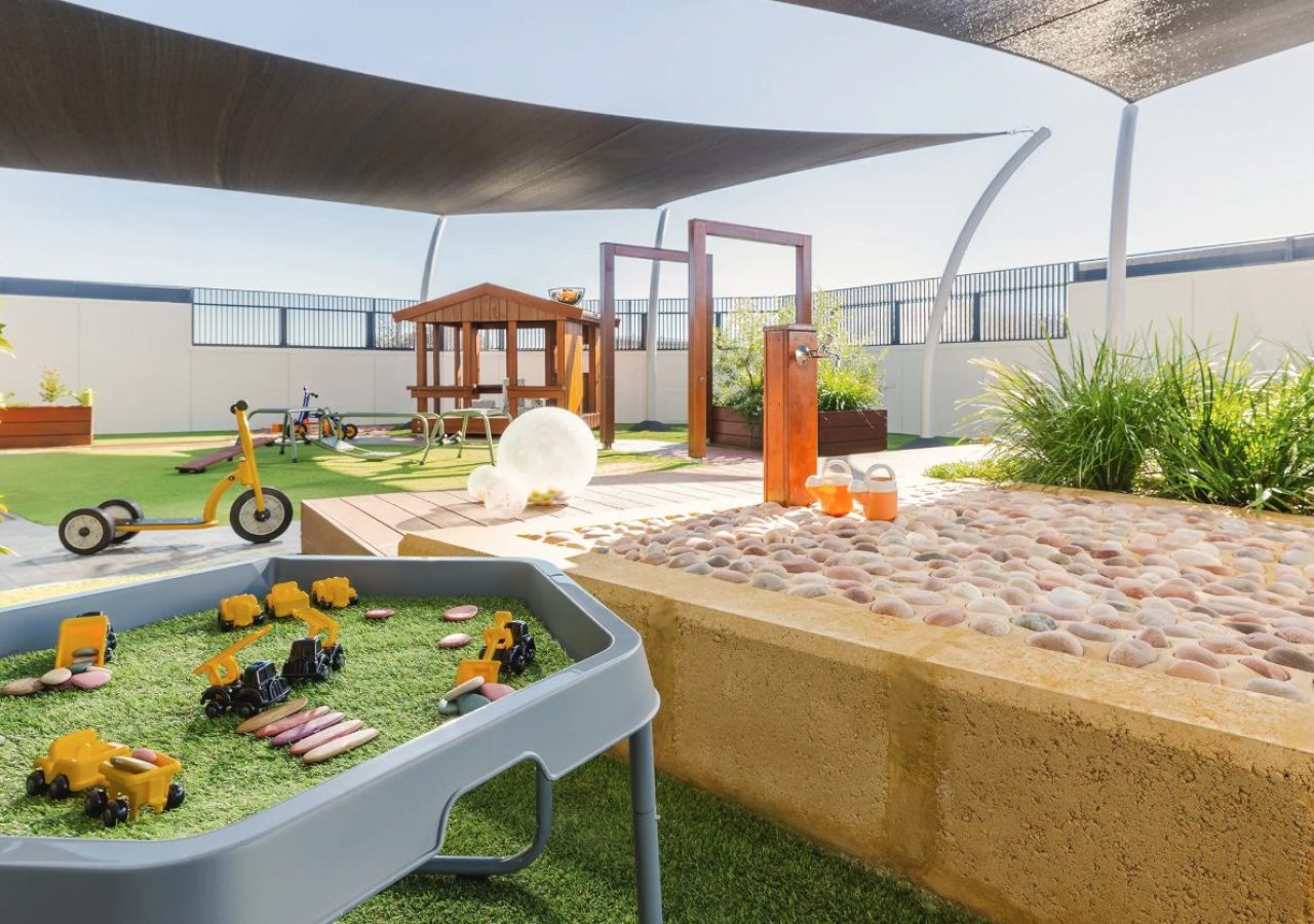 Kewdale Early Learning Centre landscaping - water play trough and limestone sandpit